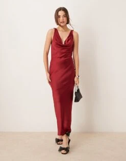 Gina Tricot Cowl Neck Low Back Satin Bias Cut Maxi Dress In Burgundy For Women -Curated Apparel Shop 207660912 1 burgundy 1