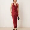 Gina Tricot Cowl Neck Low Back Satin Bias Cut Maxi Dress In Burgundy For Women