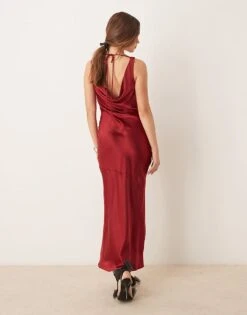 Gina Tricot Cowl Neck Low Back Satin Bias Cut Maxi Dress In Burgundy For Women -Curated Apparel Shop 207660912 4