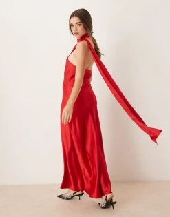 Gina Tricot Satin Drape Detail One Shoulder Scarf Neck Maxi Dress In Red For Women -Curated Apparel Shop 207660925 1 red 1