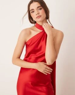 Gina Tricot Satin Drape Detail One Shoulder Scarf Neck Maxi Dress In Red For Women -Curated Apparel Shop 207660925 2