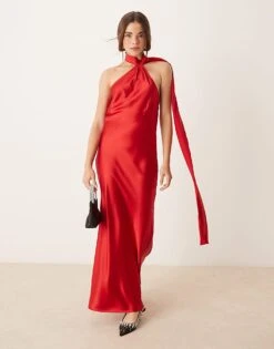 Gina Tricot Satin Drape Detail One Shoulder Scarf Neck Maxi Dress In Red For Women -Curated Apparel Shop 207660925 3