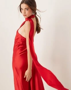 Gina Tricot Satin Drape Detail One Shoulder Scarf Neck Maxi Dress In Red For Women -Curated Apparel Shop 207660925 4