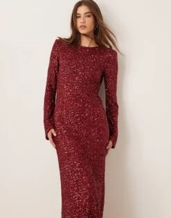 Gina Tricot Fluted Sleeve Sequin Maxi Dress With Open Back In Dark Red For Women