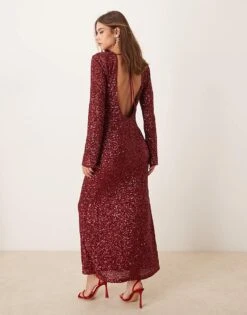 Gina Tricot Fluted Sleeve Sequin Maxi Dress With Open Back In Dark Red For Women -Curated Apparel Shop 207660935 3