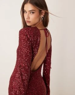 Gina Tricot Fluted Sleeve Sequin Maxi Dress With Open Back In Dark Red For Women -Curated Apparel Shop 207660935 4