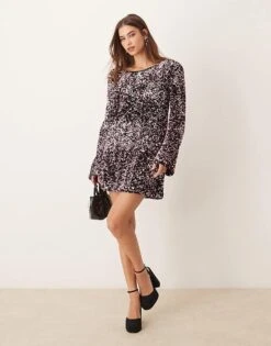 Gina Tricot Flared Sleeves Low Back Sequin Mini Dress In Pink For Women Light Plum
