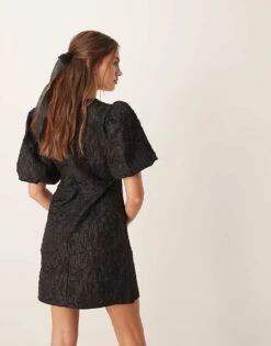 Gina Tricot Balloon Sleeve Jacquard Mini Dress With Tie Front Detail In Black For Women -Curated Apparel Shop 207660971 3