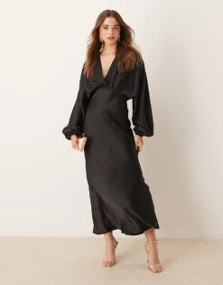 Gina Tricot V Neck Satin Maxi Dress With Volume Sleeves In Black For Women -Curated Apparel Shop 207660972 1 black 1