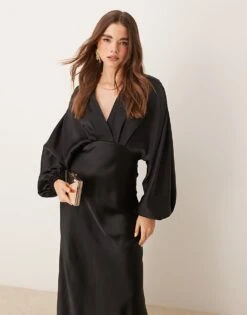 Gina Tricot V Neck Satin Maxi Dress With Volume Sleeves In Black For Women -Curated Apparel Shop 207660972 3