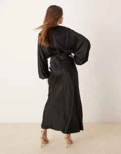 Gina Tricot V Neck Satin Maxi Dress With Volume Sleeves In Black For Women -Curated Apparel Shop 207660972 4