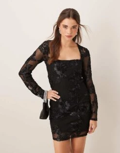 Gina Tricot Sheer Square Neck Mini Dress With Placement Embroidery Applique In Black For Women