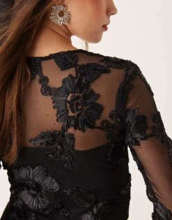 Gina Tricot Sheer Square Neck Mini Dress With Placement Embroidery Applique In Black For Women -Curated Apparel Shop 207660991 3