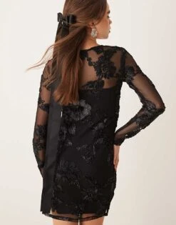 Gina Tricot Sheer Square Neck Mini Dress With Placement Embroidery Applique In Black For Women -Curated Apparel Shop 207660991 4