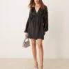 Gina Tricot V Neck Satin Batwing Sleeve Mini Dress With Wrap Front Detail In Black For Women -Curated Apparel Shop 207660992 1 black