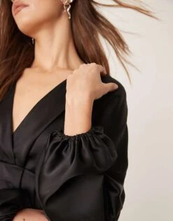 Gina Tricot V Neck Satin Batwing Sleeve Mini Dress With Wrap Front Detail In Black For Women -Curated Apparel Shop 207660992 2