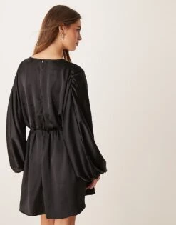 Gina Tricot V Neck Satin Batwing Sleeve Mini Dress With Wrap Front Detail In Black For Women -Curated Apparel Shop 207660992 3