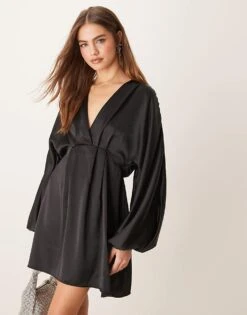 Gina Tricot V Neck Satin Batwing Sleeve Mini Dress With Wrap Front Detail In Black For Women -Curated Apparel Shop 207660992 4