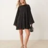 Gina Tricot Jacquard Sheer Mini Swing Dress With Satin Bow Back Detail In Black For Women
