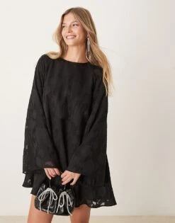 Gina Tricot Jacquard Sheer Mini Swing Dress With Satin Bow Back Detail In Black For Women -Curated Apparel Shop 207661011 4