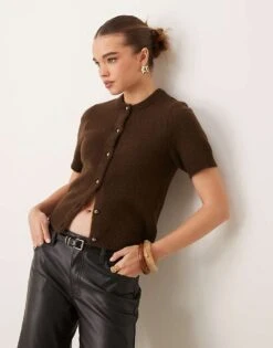 Gina Tricot Knitted Short Sleeve Cardigan In Brown For Women