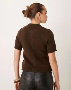 Gina Tricot Knitted Short Sleeve Cardigan In Brown For Women -Curated Apparel Shop 207680884 3