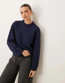 Gina Tricot Crew Neck Knitted Sweater With Wide Sleeves In Blue For Women -Curated Apparel Shop 207680891 1 blue 1