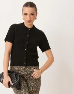 Gina Tricot Knitted Short Sleeve Cardigan In Black For Women