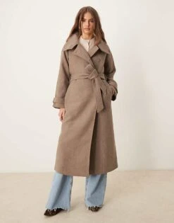 Gina Tricot Wool Blend Belted Midaxi Coat With Funnel Neck Detail In Beige For Women -Curated Apparel Shop 207680932 4