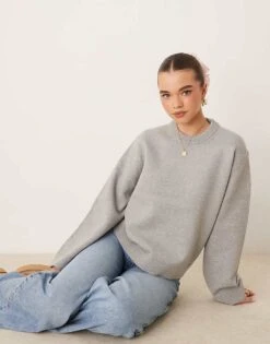 Gina Tricot Crew Neck Knitted Sweater With Wide Sleeves In Grey Melange For Women -Curated Apparel Shop 207680939 1 greymelange 1
