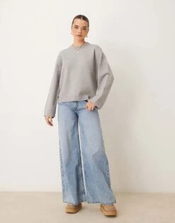 Gina Tricot Crew Neck Knitted Sweater With Wide Sleeves In Grey Melange For Women -Curated Apparel Shop 207680939 4