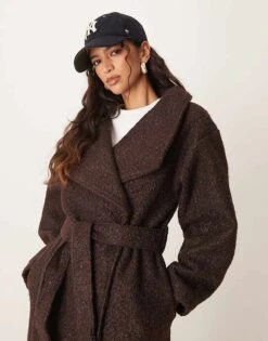 Gina Tricot Belted Wrap Midi Coat With Funnel Neck In Brown For Women -Curated Apparel Shop 207680970 3