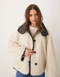 Gina Tricot Oversized Reversible Borg Jacket With High Funnel Neck In Off White With Contrast Edging For Women -Curated Apparel Shop 207681000 3