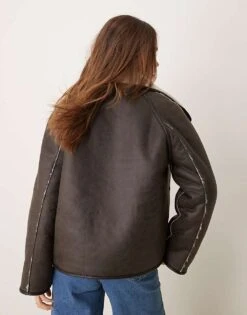 Gina Tricot Oversized Reversible Borg Jacket With High Funnel Neck In Off White With Contrast Edging For Women -Curated Apparel Shop 207681000 4