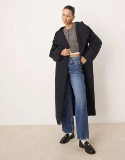 Gina Tricot Belted Wrap Midi Coat With Funnel Neck In Navy Blue For Women