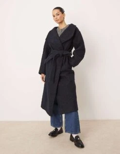Gina Tricot Belted Wrap Midi Coat With Funnel Neck In Navy Blue For Women -Curated Apparel Shop 207681016 4