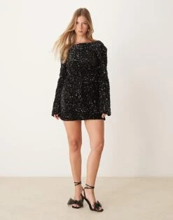 Gina Tricot Flared Sleeves Low Back Sequin Mini Dress In Black For Women