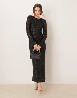 Gina Tricot Fluted Sleeve Sequin Maxi Dress With Open Back In Black For Women -Curated Apparel Shop 207731304 1 black 1