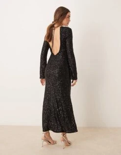 Gina Tricot Fluted Sleeve Sequin Maxi Dress With Open Back In Black For Women -Curated Apparel Shop 207731304 4