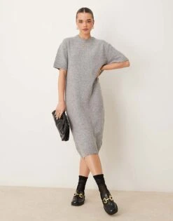 Gina Tricot Knitted Midaxi T-shirt Dress In Grey Melange For Women Mid Grey Mel (8022)