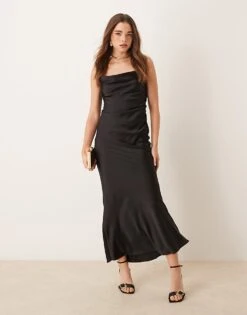 Gina Tricot Satin Bias Cut Maxi Dress With Low Back Lace Insert In Black For Women