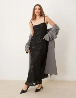 Gina Tricot Strappy Maxi Dress With Sheer Jacquard Overlay In Black For Women -Curated Apparel Shop 207731497 1 black 1