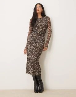 Gina Tricot Long Sleeve Midi Mesh Dress In Leopard Print For Women