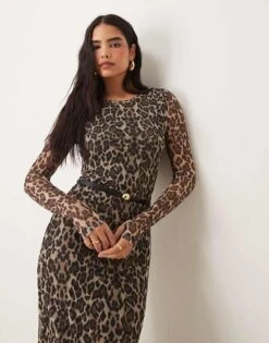 Gina Tricot Long Sleeve Midi Mesh Dress In Leopard Print For Women -Curated Apparel Shop 207731520 4