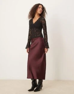 Gina Tricot Satin Midi Skirt In Burgundy For Women