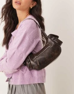 Gina Tricot Washed Faux Leather Shoulder Bag With Multi Pocket In Dark Brown For Women