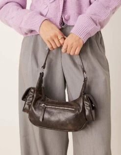 Gina Tricot Washed Faux Leather Shoulder Bag With Multi Pocket In Dark Brown For Women -Curated Apparel Shop 207732106 3