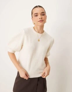Gina Tricot Knitted Sweater With Puff Short Sleeves In Off White For Women -Curated Apparel Shop 207732158 1 offwhite 1