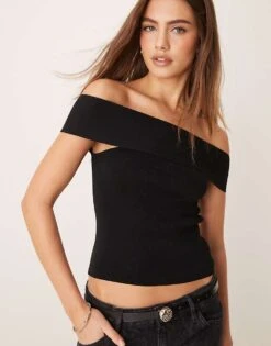 Gina Tricot Compact Knitted Top With Off Shoulder Detail In Black For Women
