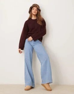 Gina Tricot Crew Neck Knitted Sweater With Wide Sleeves In Dark Wine Burgundy For Women